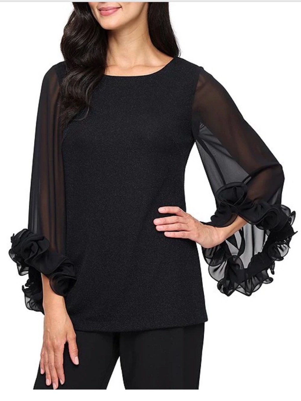 Alex Evenings Black Sheer Ruffle Sleeve Top